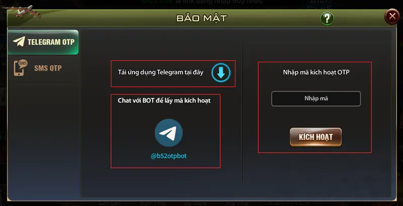 Kích hoạt bảo mật tài khoản B52 CLUB bằng telegram bước 3