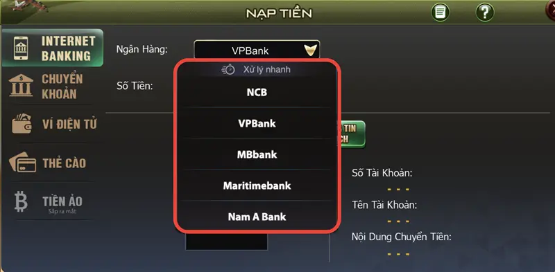 Nạp tiền qua Internet banking bước 1