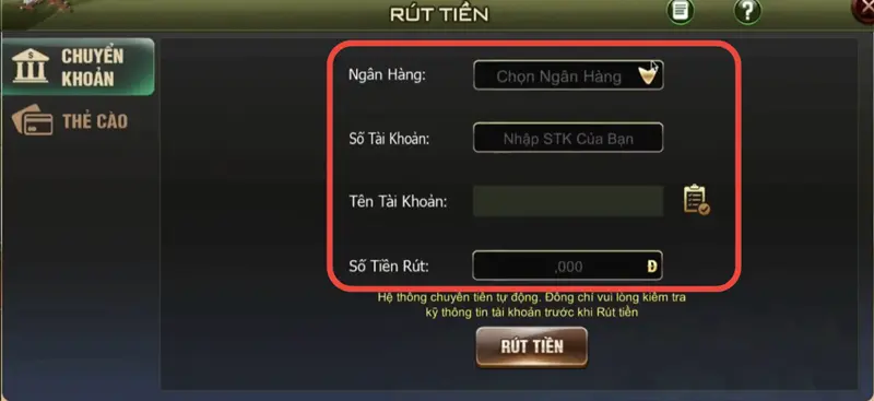 Rút tiền B52 CLUB bằng chuyển khoản - Bước 2