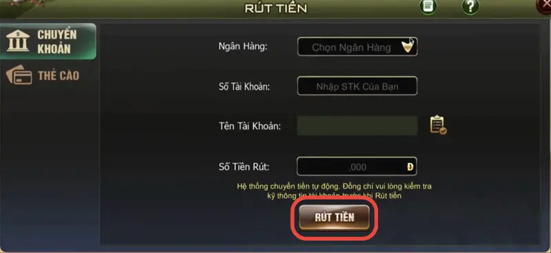 Rút tiền B52 CLUB bằng chuyển khoản - Bước 3