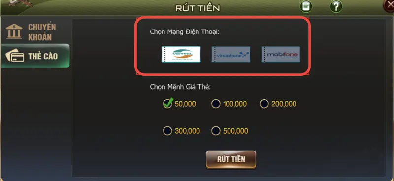 Rút tiền B52 CLUB bằng thẻ cào - Bước 1