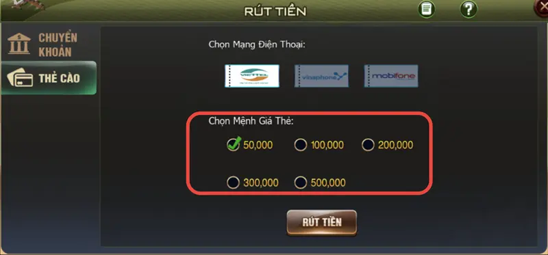 Rút tiền B52 CLUB bằng thẻ cào - Bước 2