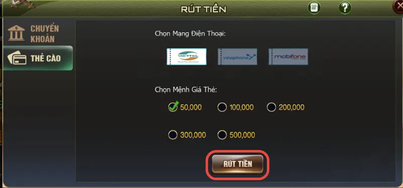 Rút tiền B52 CLUB bằng thẻ cào - Bước 3