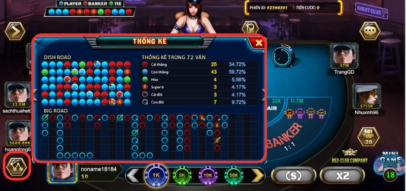 Tính năng thông kê tại game bài Super Baccarat 6